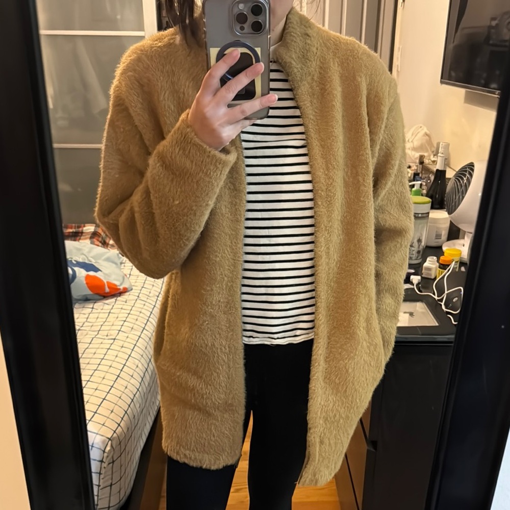J. Crew Tan sweater jacket  with Soft Fuzzy Material and zipper front designn